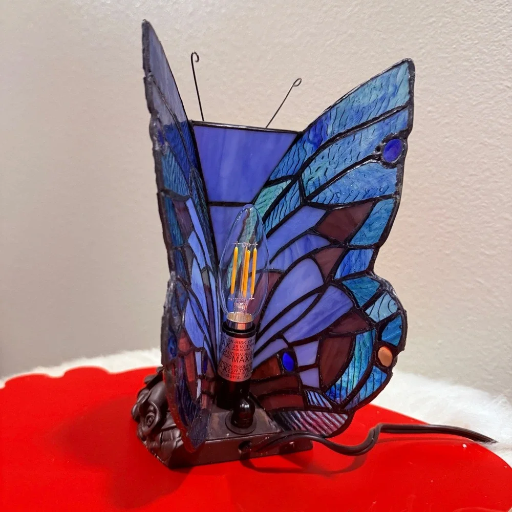 Tiffany Style Stained Glass Blue Butterfly Accent Lamp Rose‎ Floral Base - Picture 9 of 9